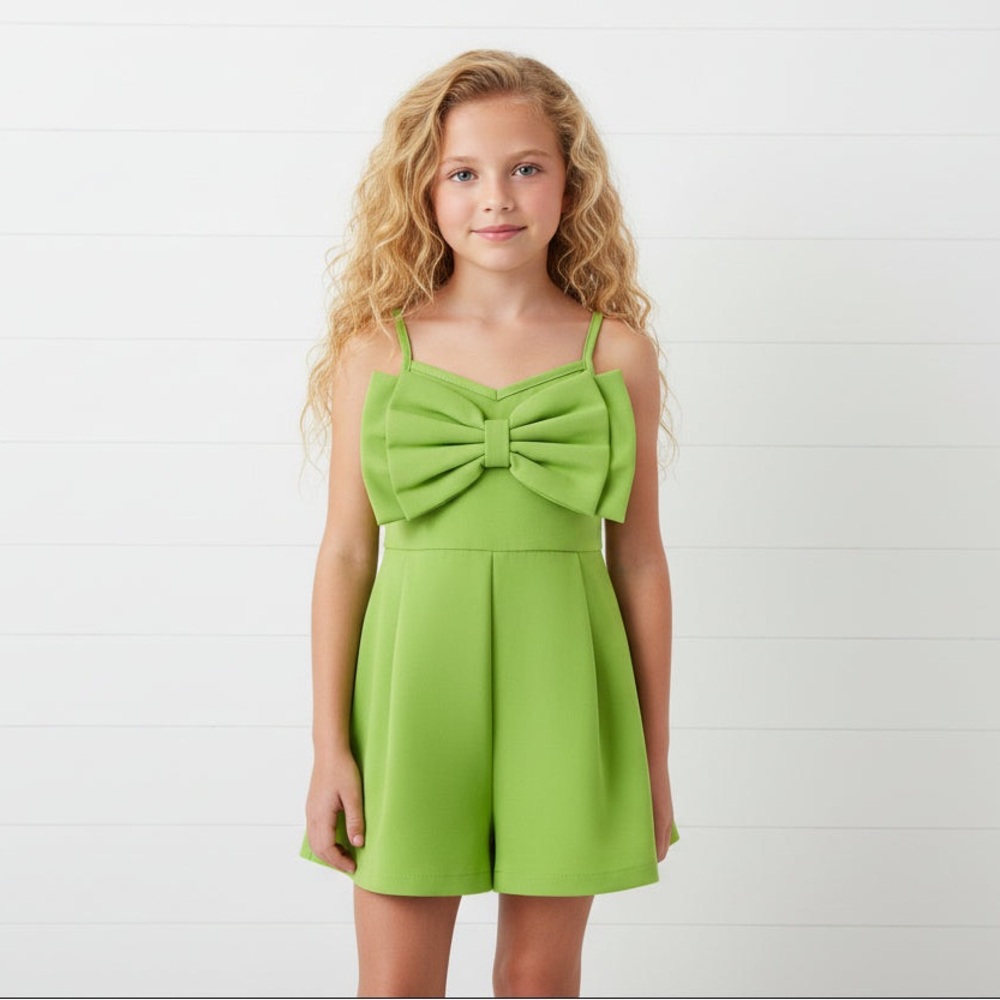Green Bow Embellished Girl's Romper